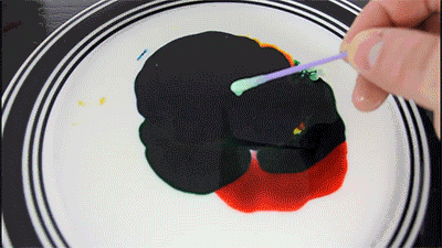 A drop of soap added to milk containing food colouring.