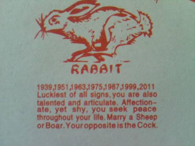 Went to a Chinese restaurant with a lesbian friend. Her zodiac sign is the Rabbit...I thought the last line was great.