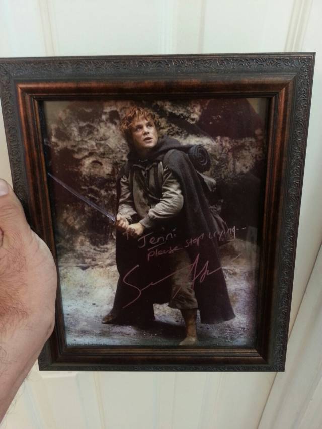 Met Sean Astin at a comic-con. I told him my wife cries at the end of 'Fellowship of the Ring,' when Sam chases after Frodo's boat, EVERY time. this was the autograph I got.