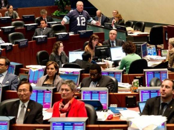 This picture truly speaks a thousand words. All of Toronto city Councillors turn the other way whenever Mayor Rob Ford speaks, even his closest allies