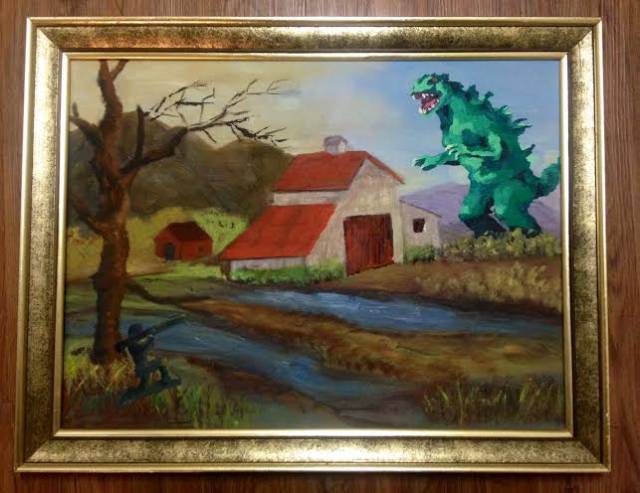 My little sister paints monsters onto Flea Market art. She gave me this today for my new apartment. I hope you guys like it.