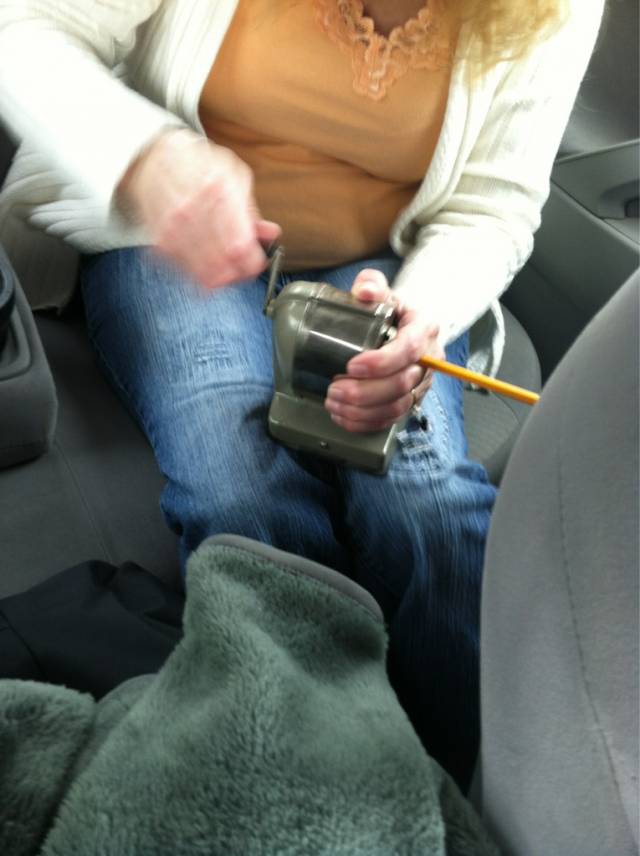 Pencil broke during a road trip, so I sarcastically asked if anyone had a pencil sharpener, to which my mom replied she 