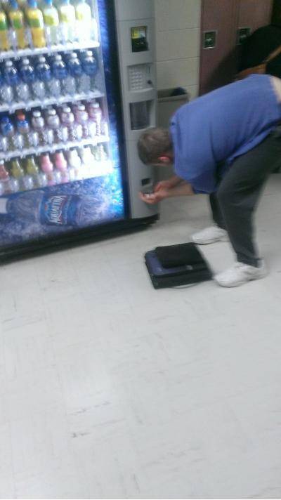 A mentally challenged kid at my school always checks the vending machine for loose change after lunch, today I filled it with a bag of change. 