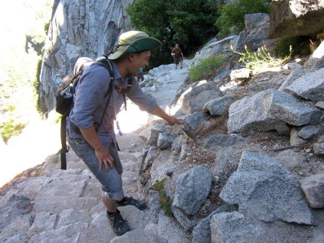 I was bit by a squirrel hiking Half Dome in Yosemite. My friend caught the exact moment.